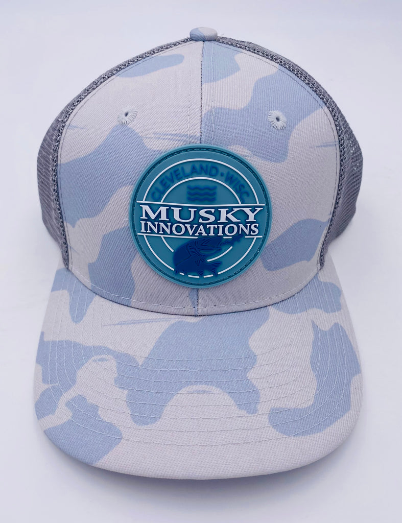 Light Blue Camo and Grey trucker hat with Silicone logo