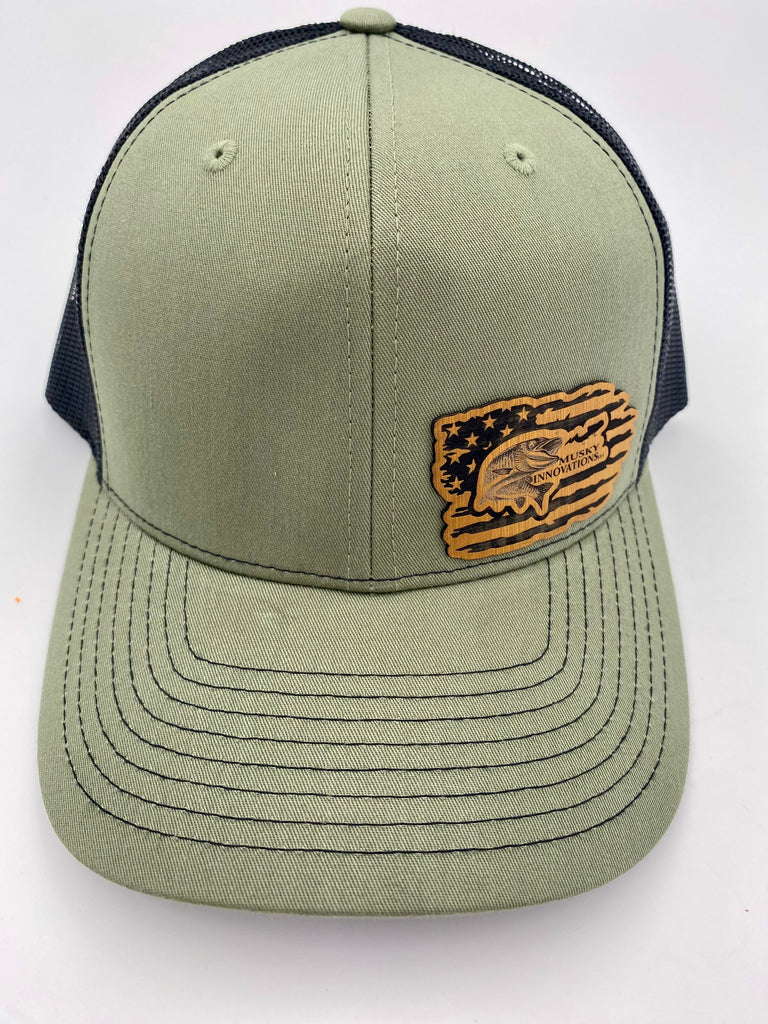 Military Green and Black trucker hat with offset flag logo