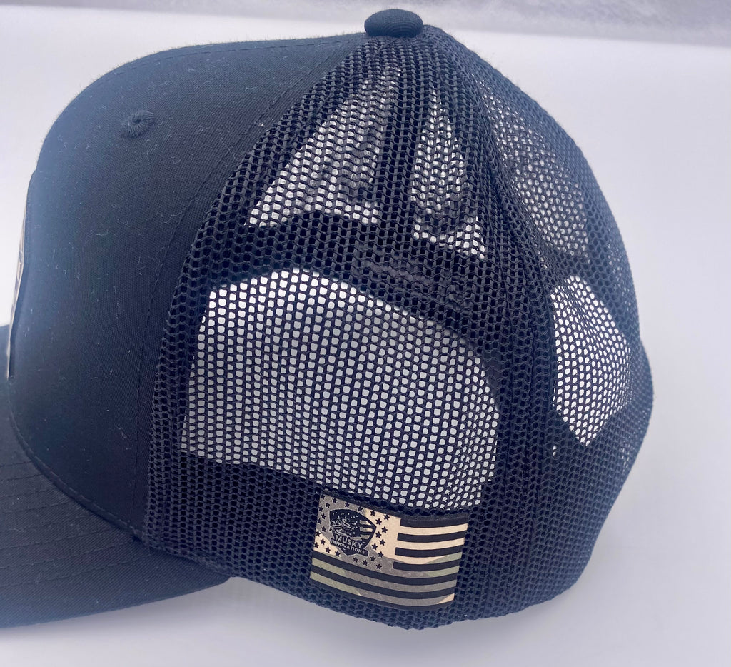 Black and Black trucker hat with Camo logo and side logos