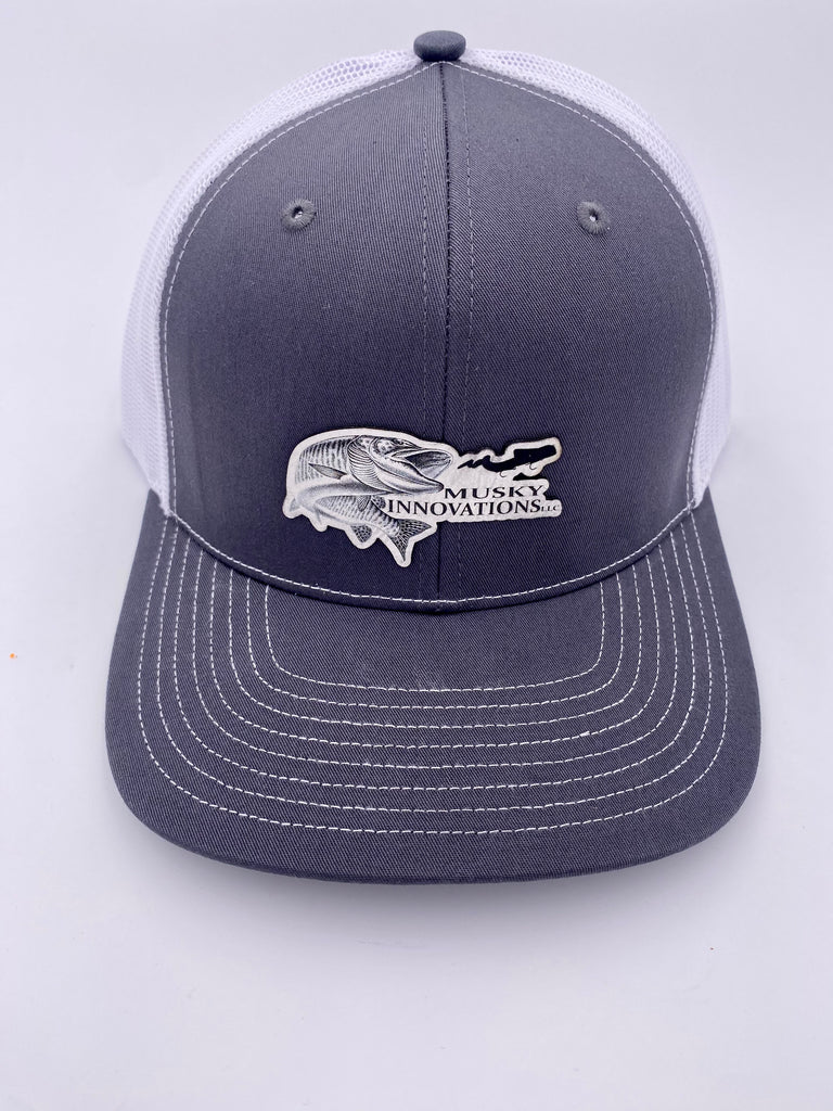 Grey and White trucker hat with center leather patch logo