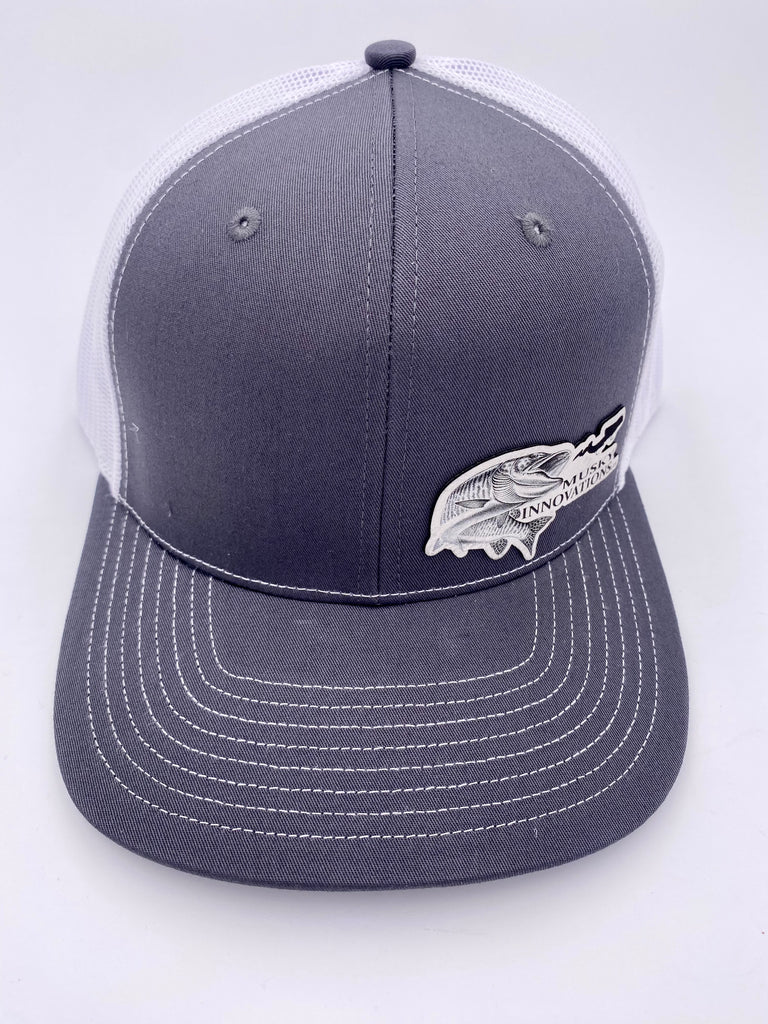 Grey and White trucker hat with off set leather patch logo