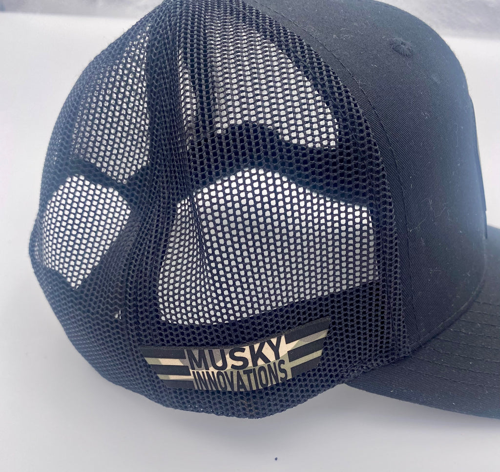 Black and Black trucker hat with Camo logo and side logos