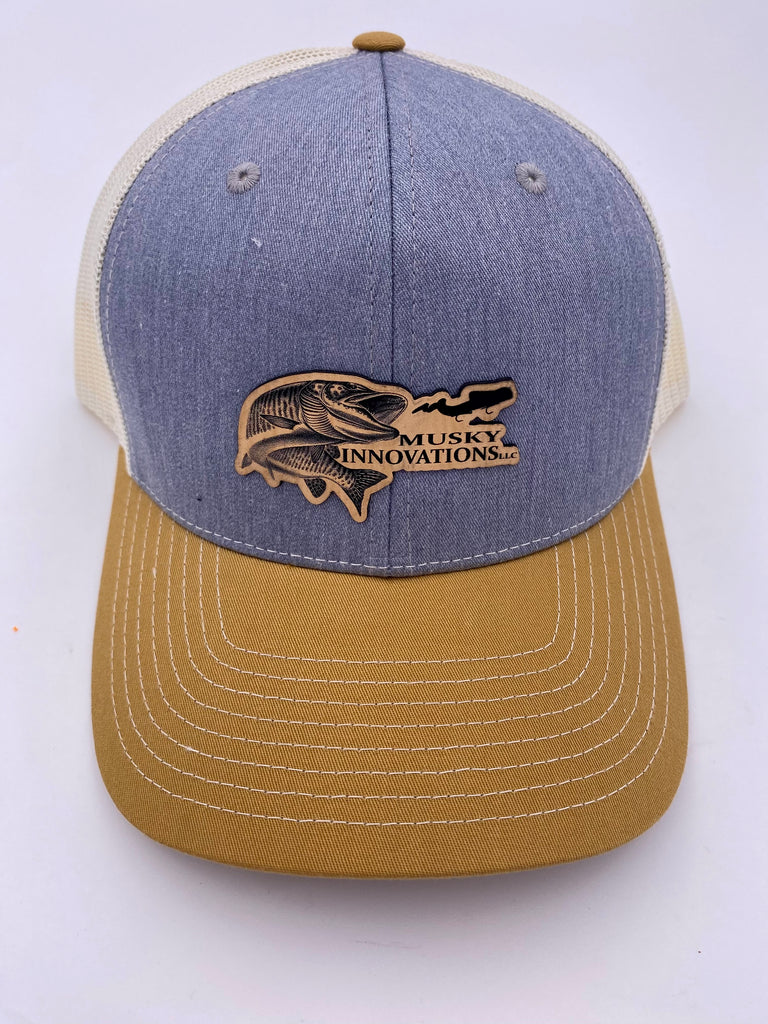 Grey and Cream trucker hat with center leather patch logo